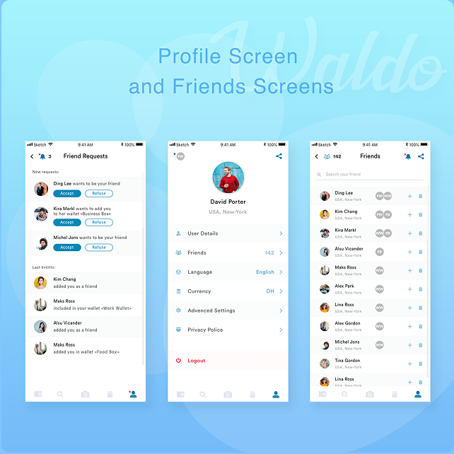 Waldo profile and friends screens